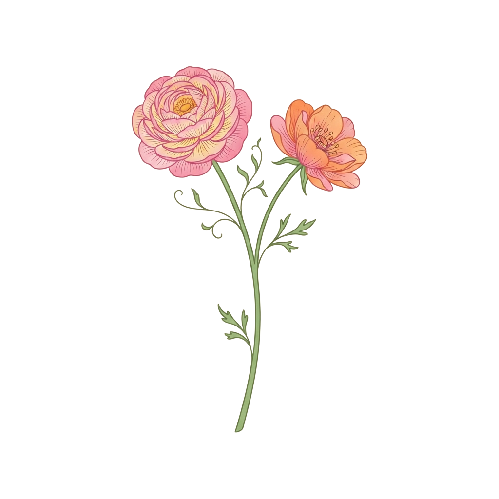 Two flowers, one pink with layered petals and one orange with smooth petals, on a green stem with leaves against a black background