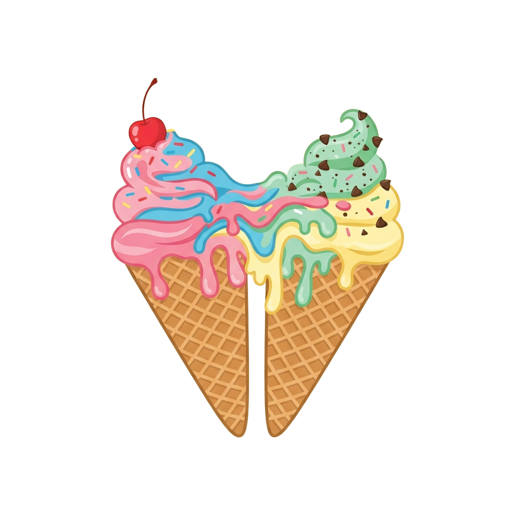 Two ice cream cones with heart shape formed by scoops, pink and blue swirls, sprinkles, and drizzled toppings