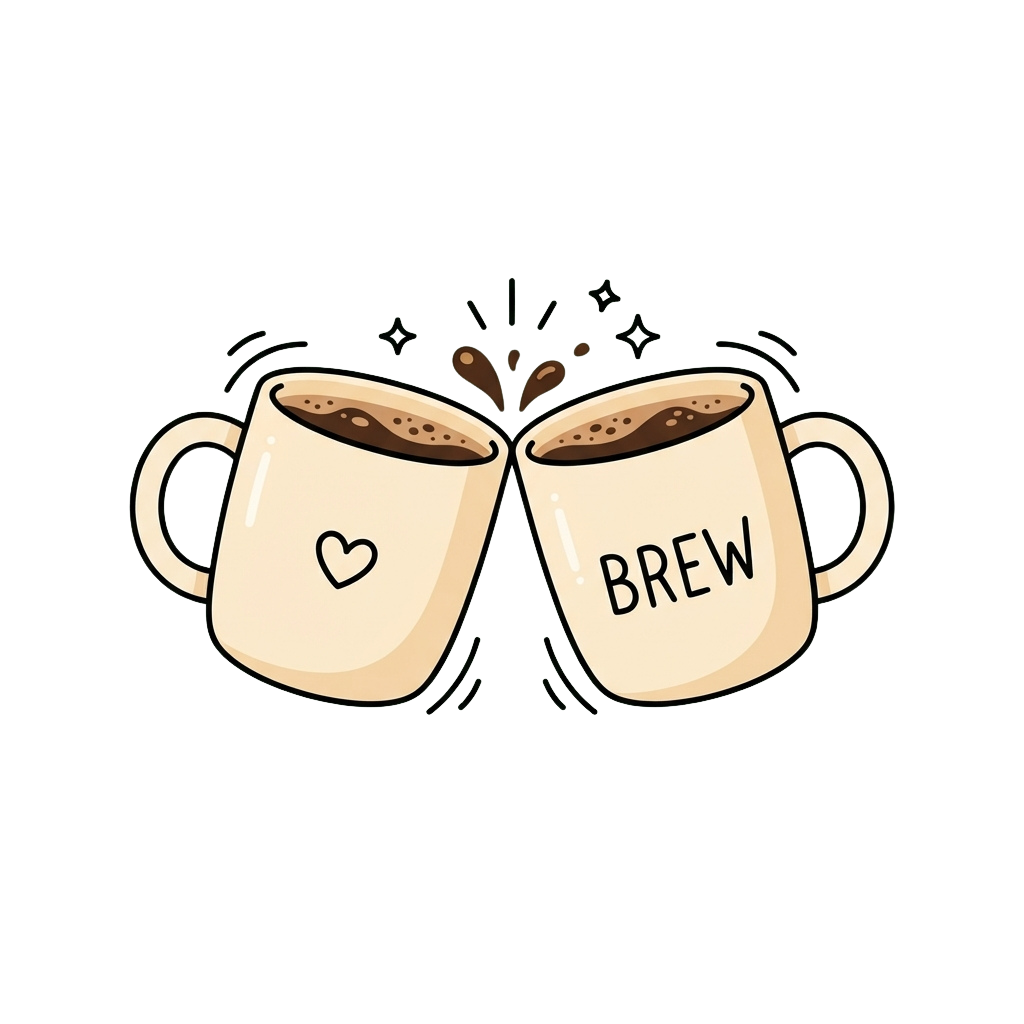 Two light-colored mugs filled with coffee clinking together, one with a heart symbol and the other with the word brew