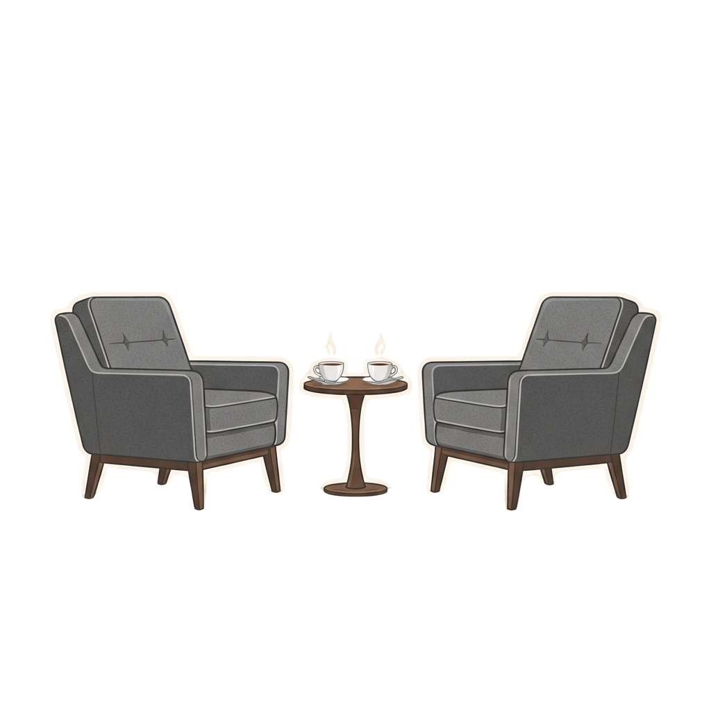Two gray armchairs with wooden legs facing a small round table with two cups and candles