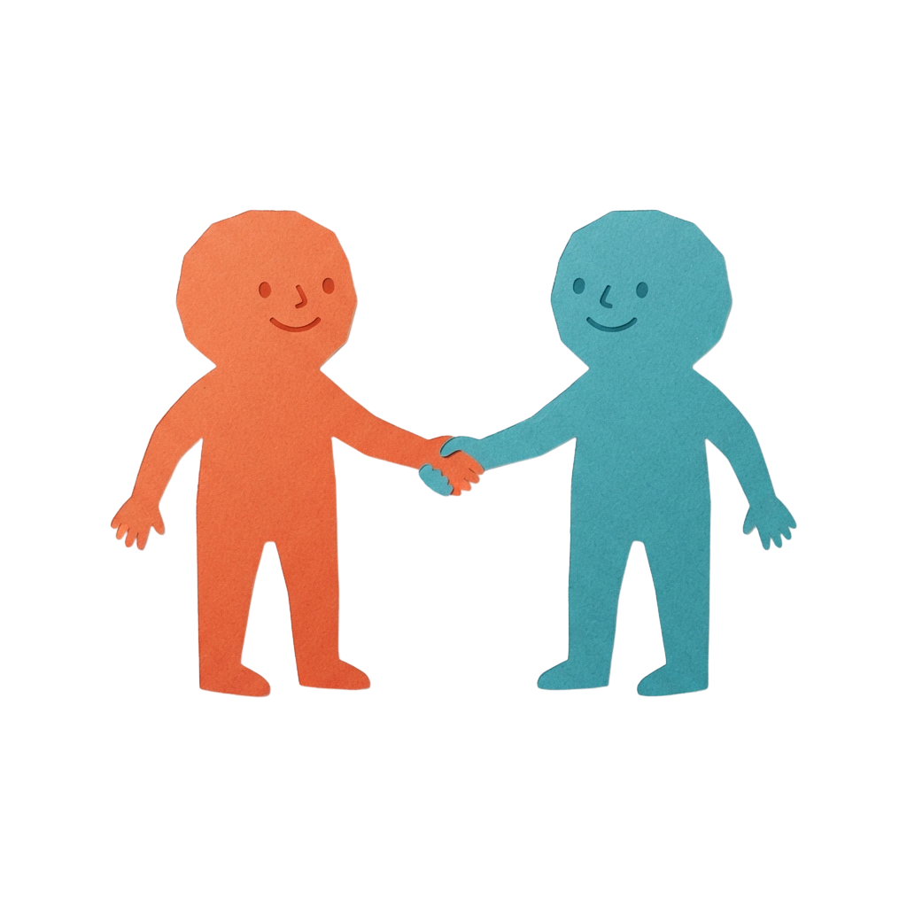 Two simple cartoon figures, one orange and one blue, holding hands and smiling