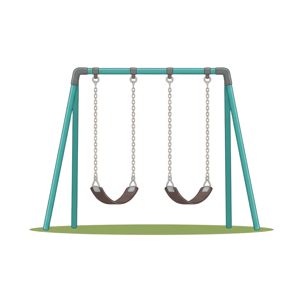 Double swings with brown seats suspended from a metal frame on a green base