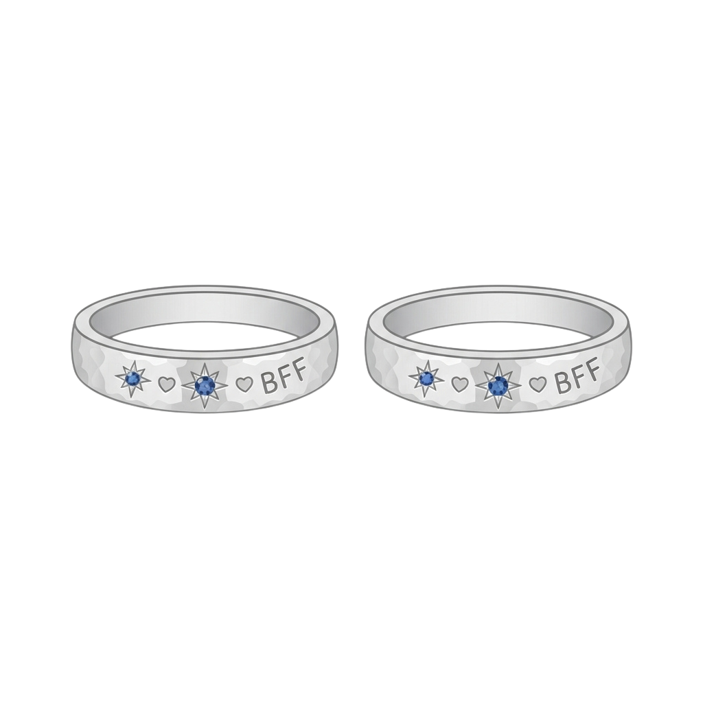 Two matching white rings with blue gemstones, hearts, and stars engraved, labeled BFF