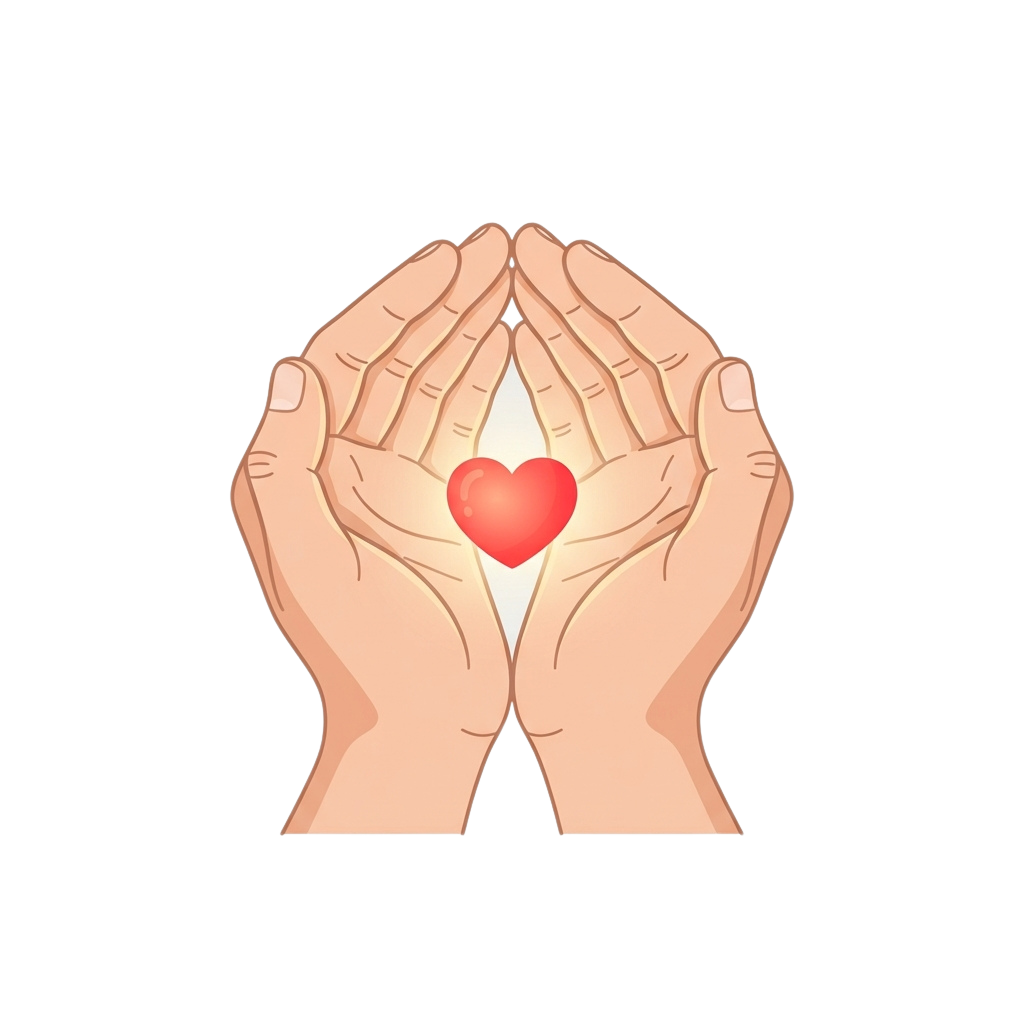 Two hands gently holding a glowing red heart shape between them