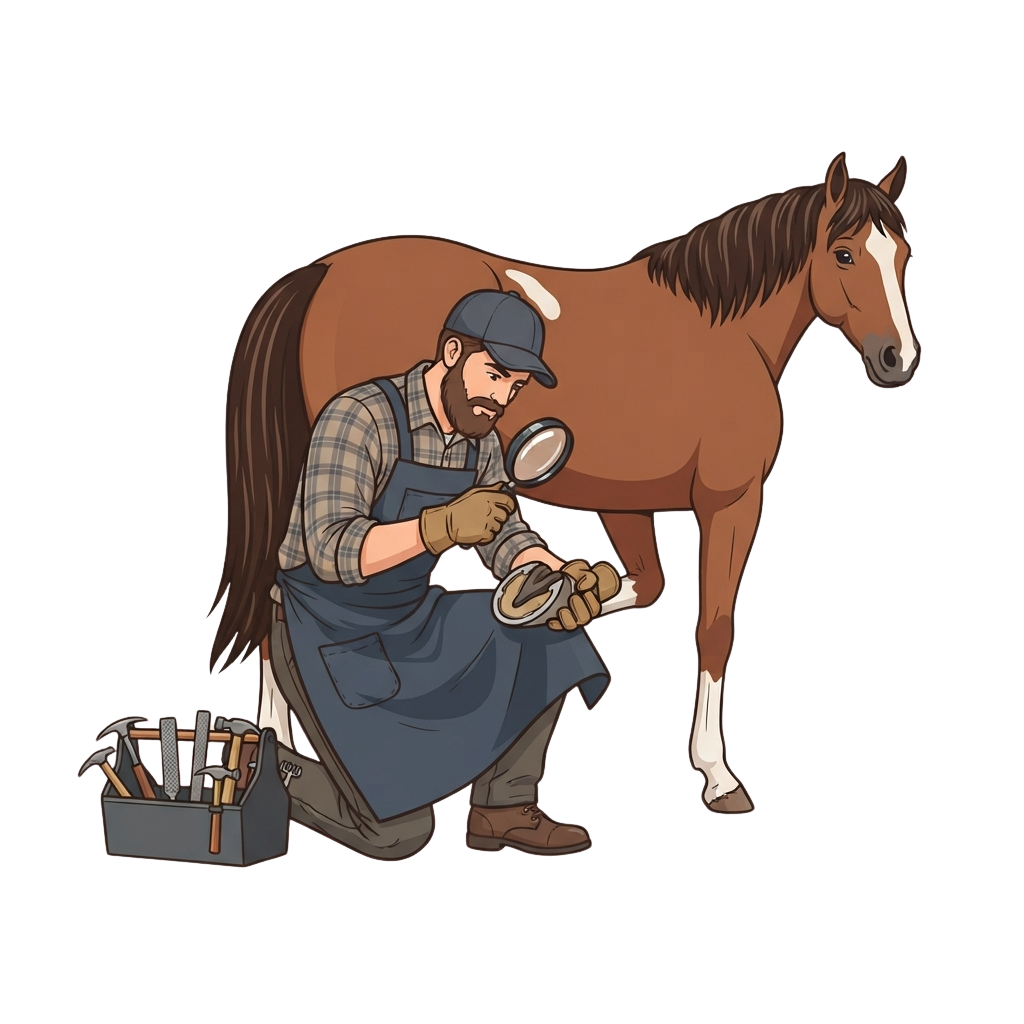 A farrier inspects and trims a horse's hoof while holding a horseshoe and tools nearby