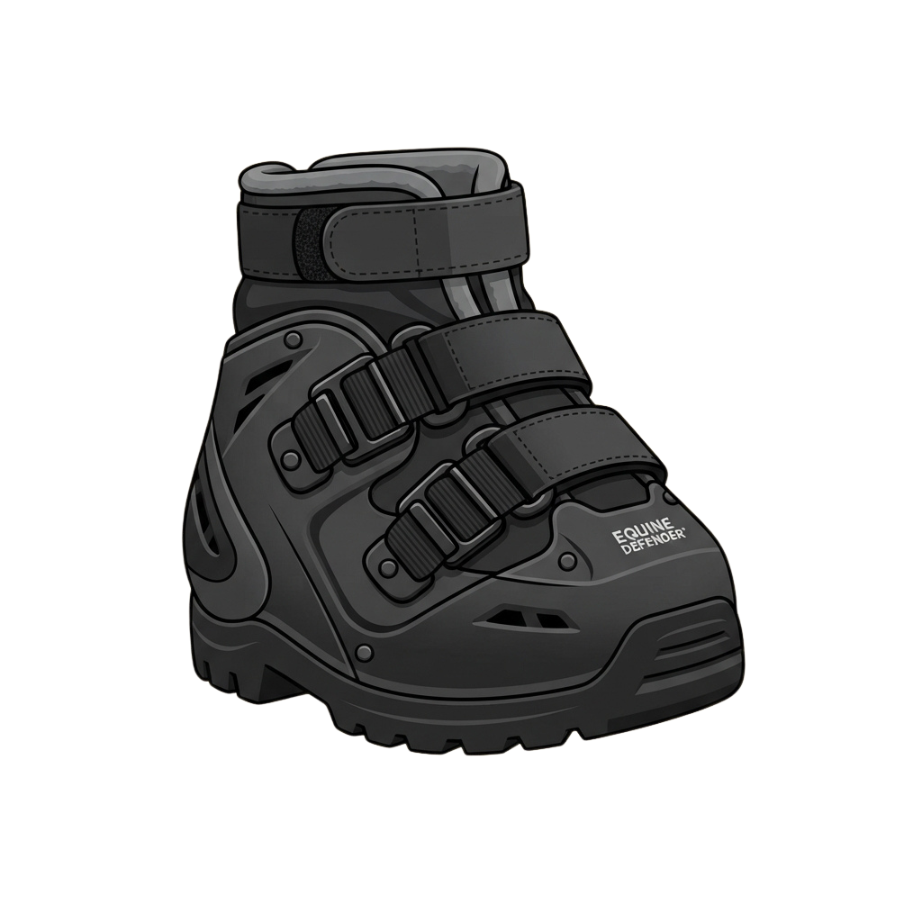 Gray protective hoof boot with multiple straps and buckles for horses.