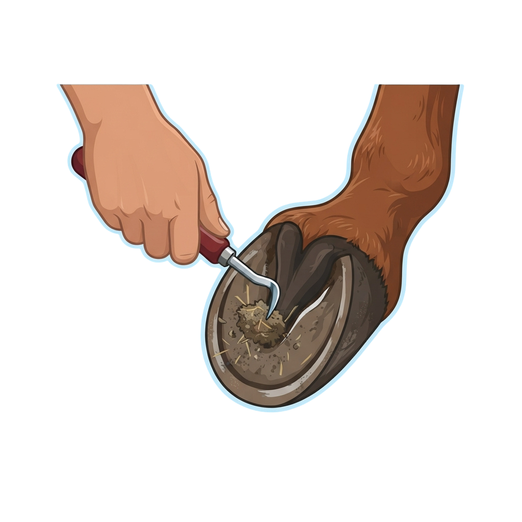 Illustration of a hand using a hoof pick to clean a horse's hoof with debris visible inside