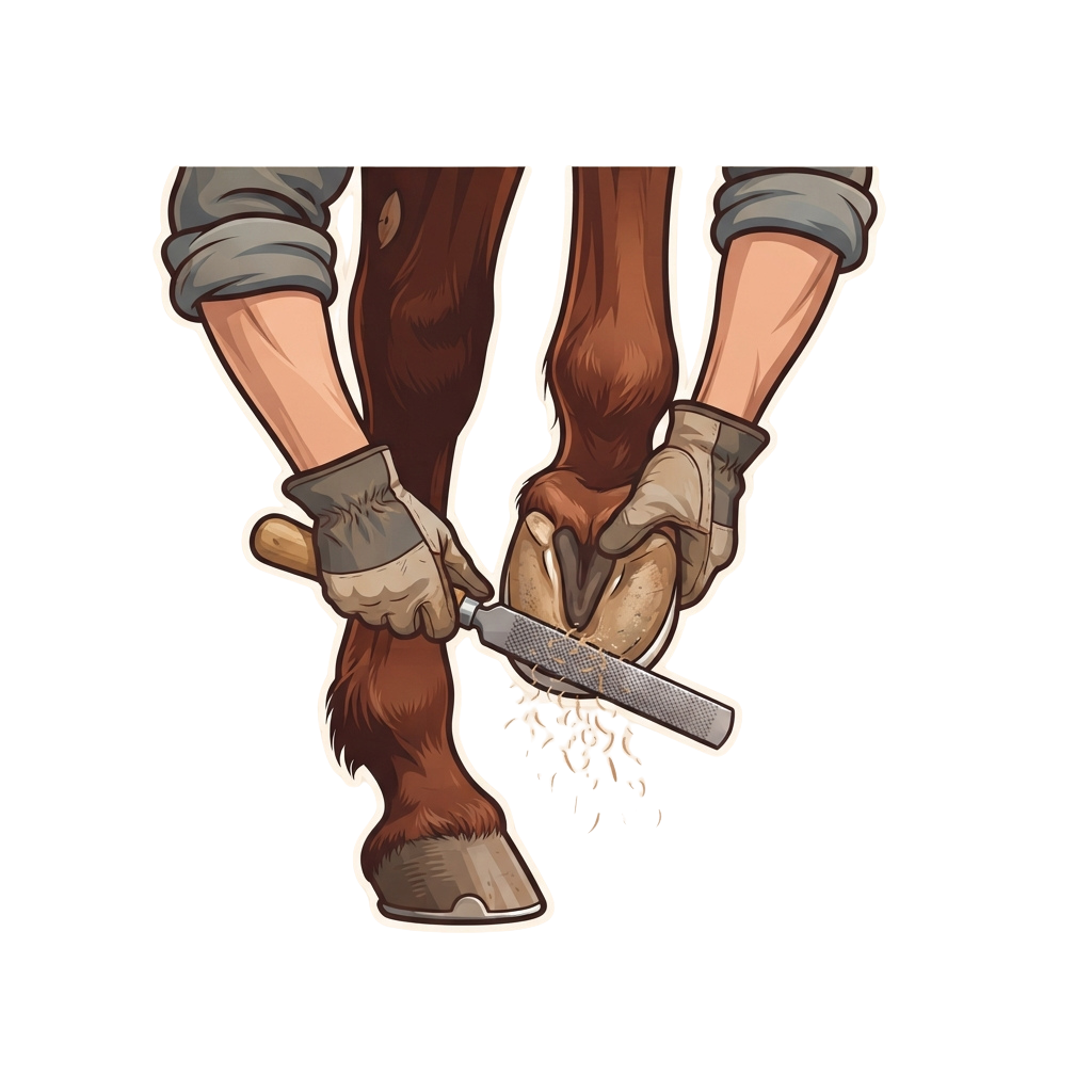 Two hands holding a horse hoof while a farrier sharpens a horseshoe with a rasp tool.