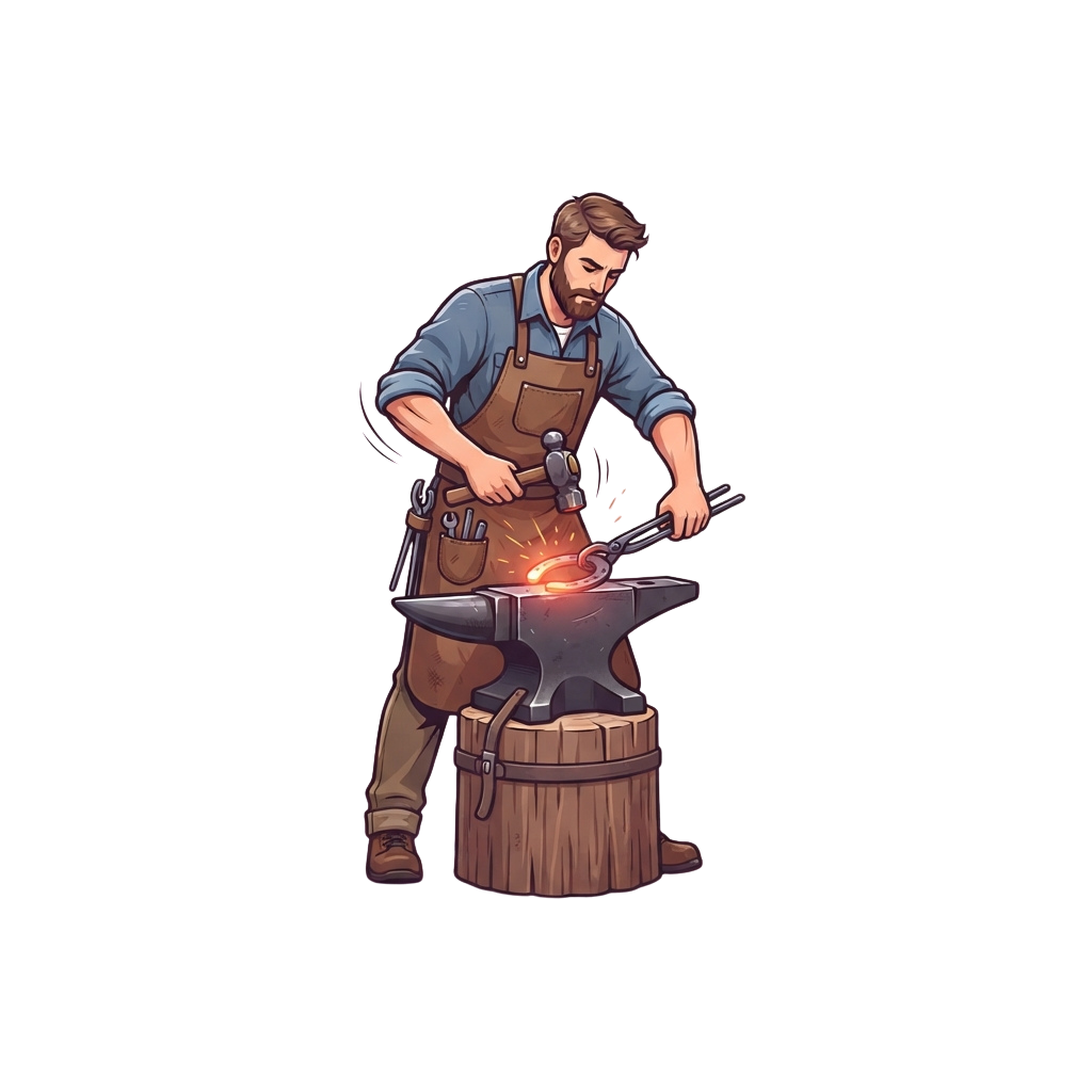 A blacksmith hammering hot metal on an anvil at a forge, wearing an apron and work clothes.