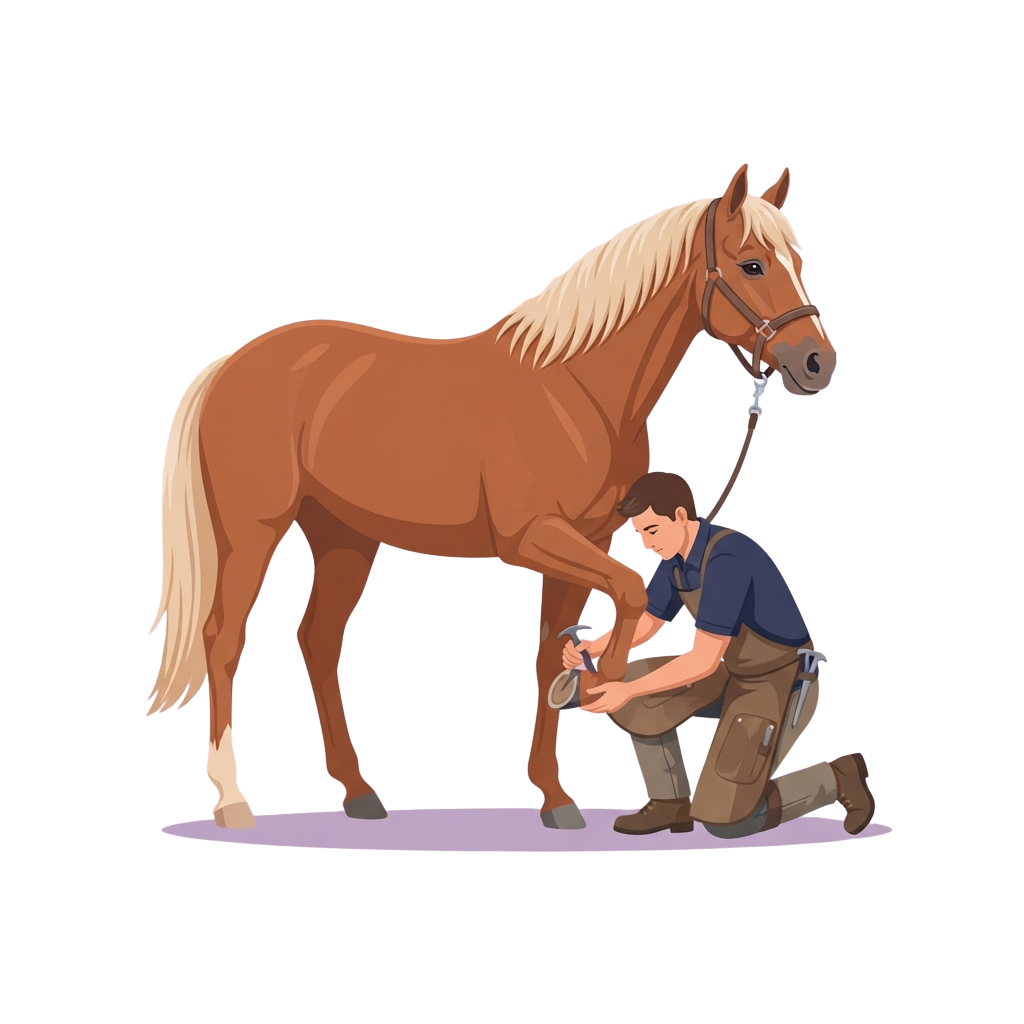 A farrier kneeling while shoeing a brown horse with a long tail.