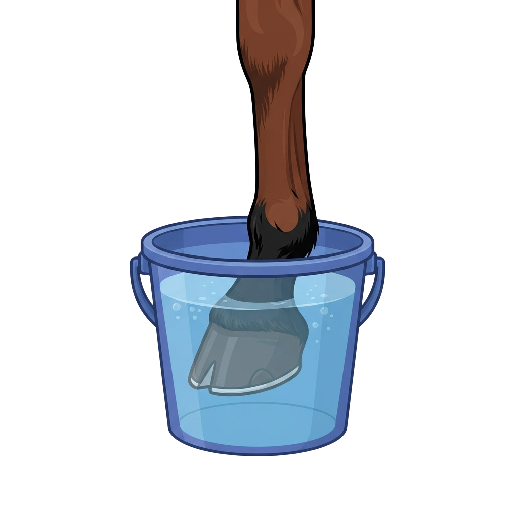 A horse hoof submerged in a blue bucket of water for soaking treatment
