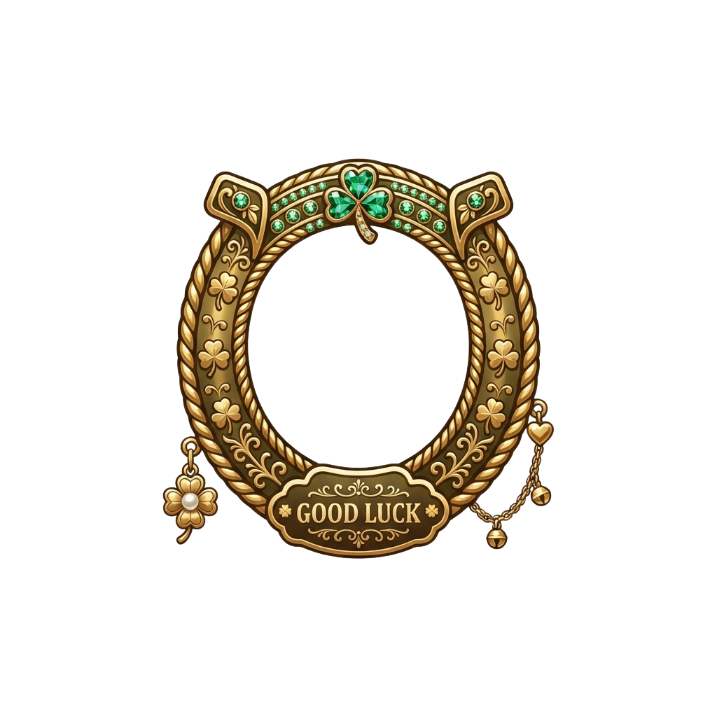 Decorative gold necklace with shamrocks and emeralds, featuring a pendant that reads Good Luck