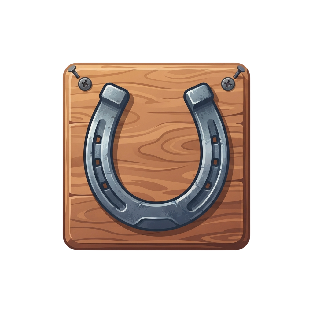 A horseshoe nailed to a wooden plank with two screws on either side