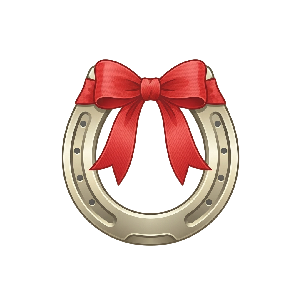 A metallic horseshoe with a large red satin bow tied in the center