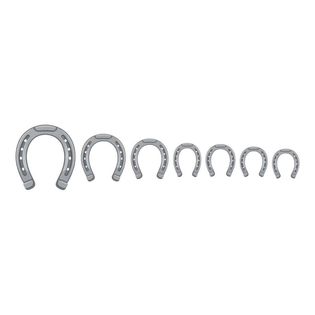 Seven metallic horseshoes of varying sizes and shapes on a black background