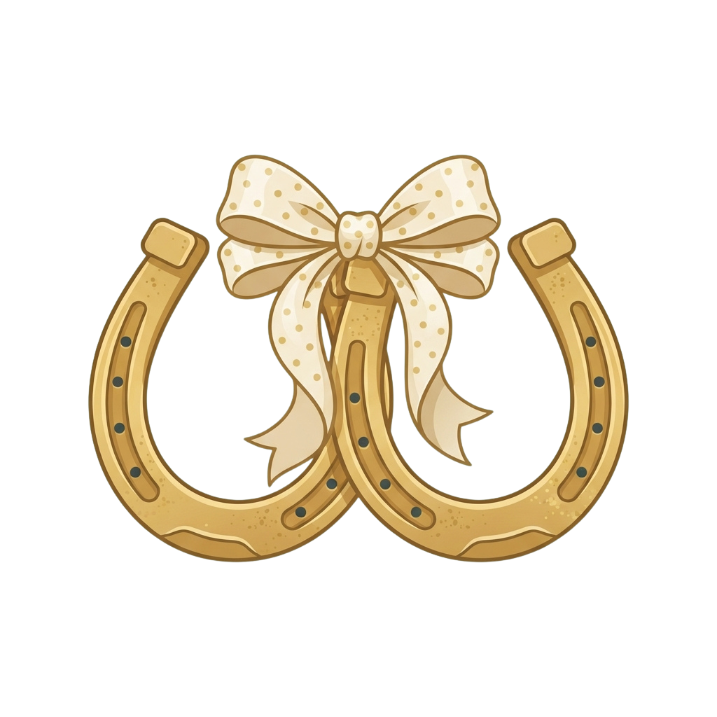 Two golden horseshoes crossed with a large decorative bow tied in the center