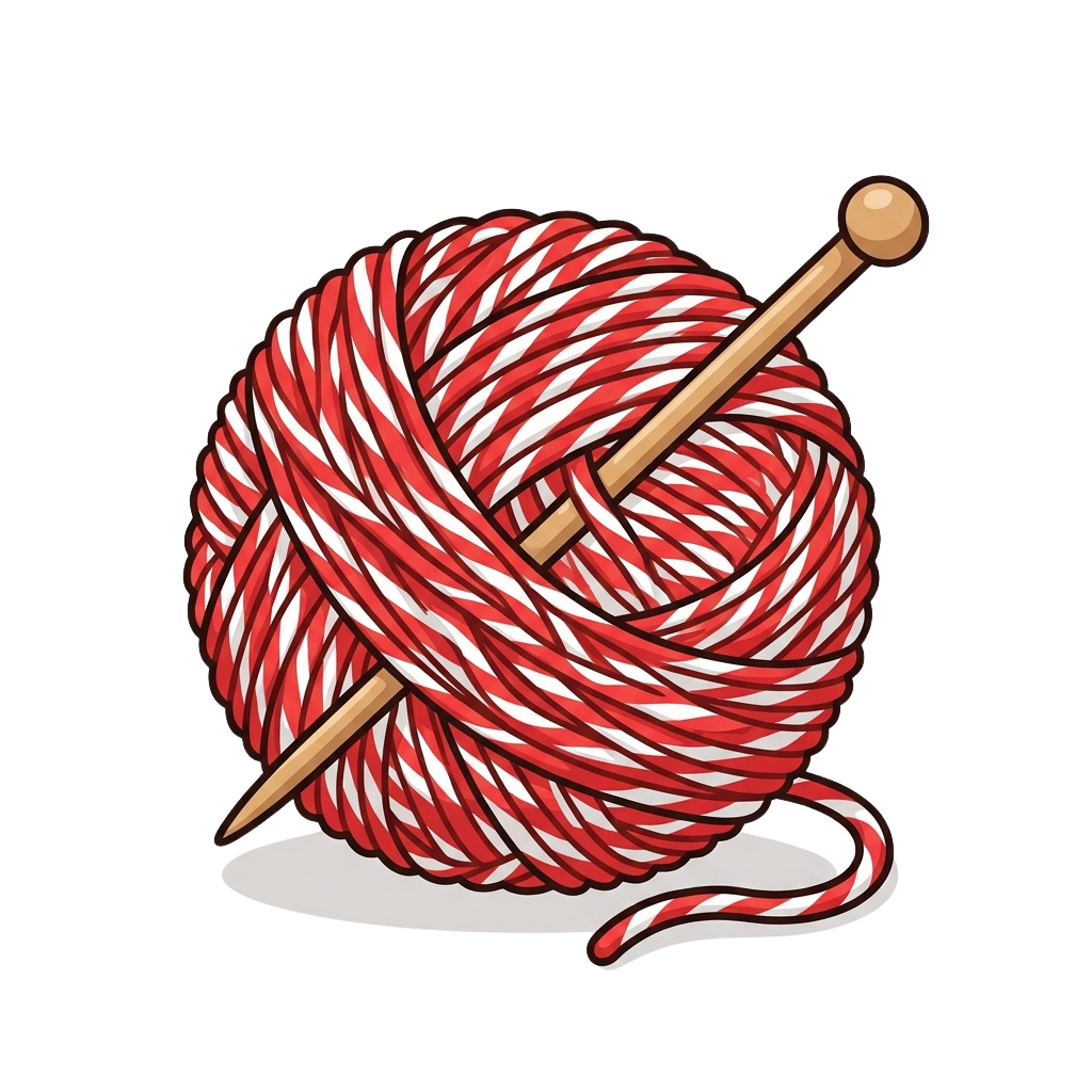 Illustration of a red and white striped yarn ball with wooden knitting needles inserted through it