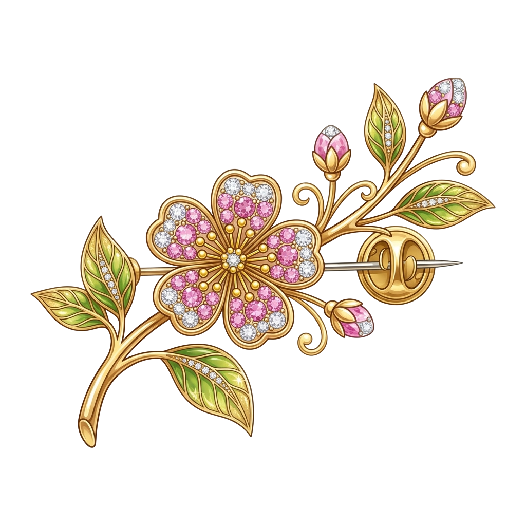 Decorative gold brooch featuring pink flowers with gemstones and green leaves on a black background