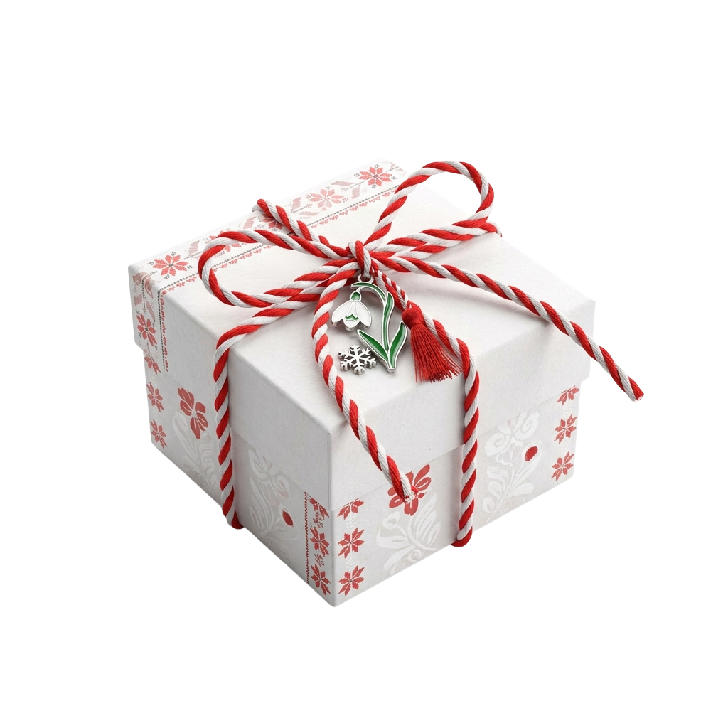 White gift box wrapped with red braided ribbon and a decorative silver ornament featuring a snowflake and bell