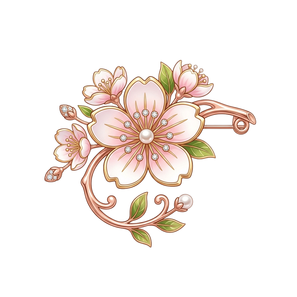 Decorative brooch featuring a large pink flower with smaller blooms, green leaves, and pearl accents on a black background