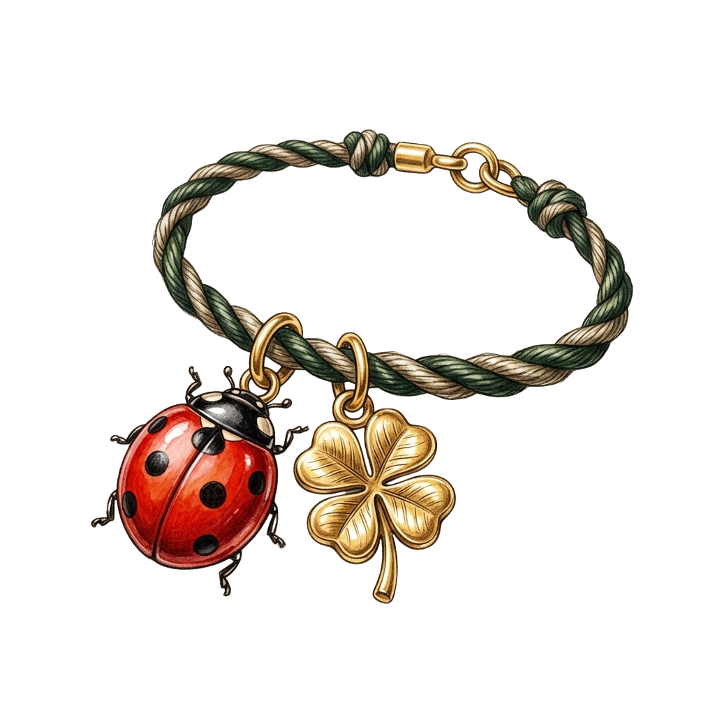 A bracelet featuring a red ladybug charm and a gold four-leaf clover pendant on a braided band with gold accents