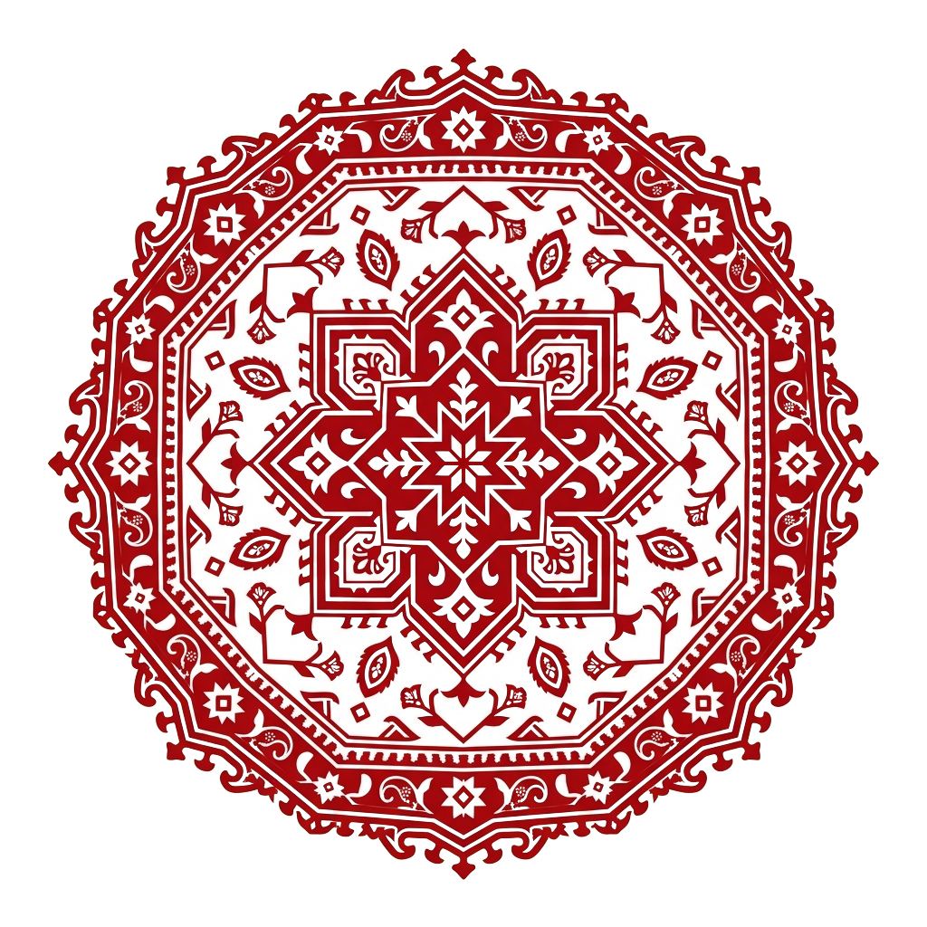 Circular intricate red and white geometric pattern with symmetrical floral and star motifs