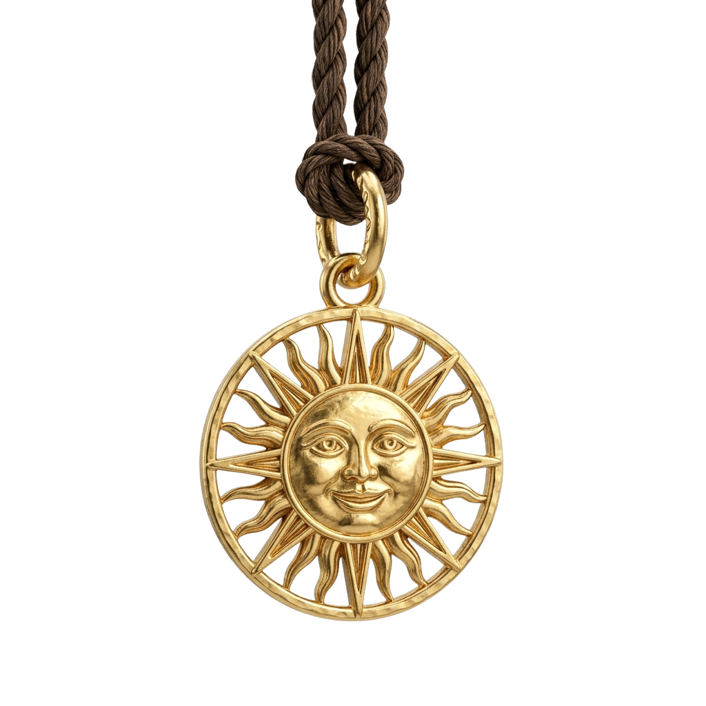 A golden sun face pendant with a smiling face and sun rays, hanging from a braided cord necklace.