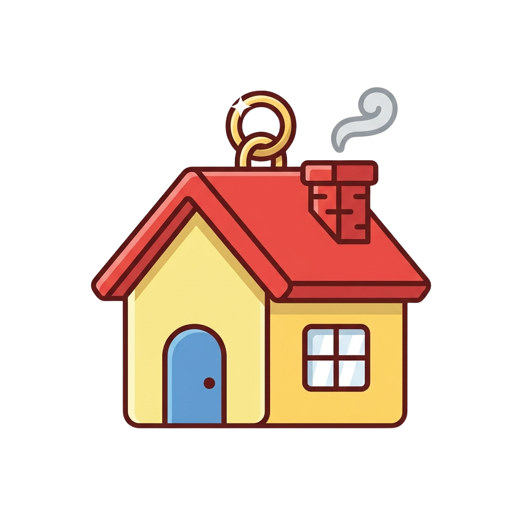 A cartoon-style house with a red roof, blue door, and chimney emitting smoke, topped with a golden key on a ring