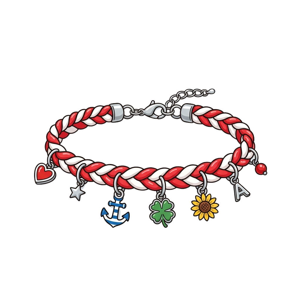 Bracelet with red and white braided bands and five colorful charms including a heart, anchor, shamrock, sunflower, and star