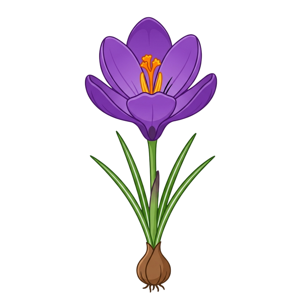 A purple crocus flower with yellow stamens, green slender leaves, and a brown bulb at the base