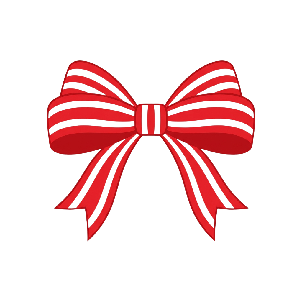 A bold red ribbon bow with black stripes tied in a decorative knot against a black background