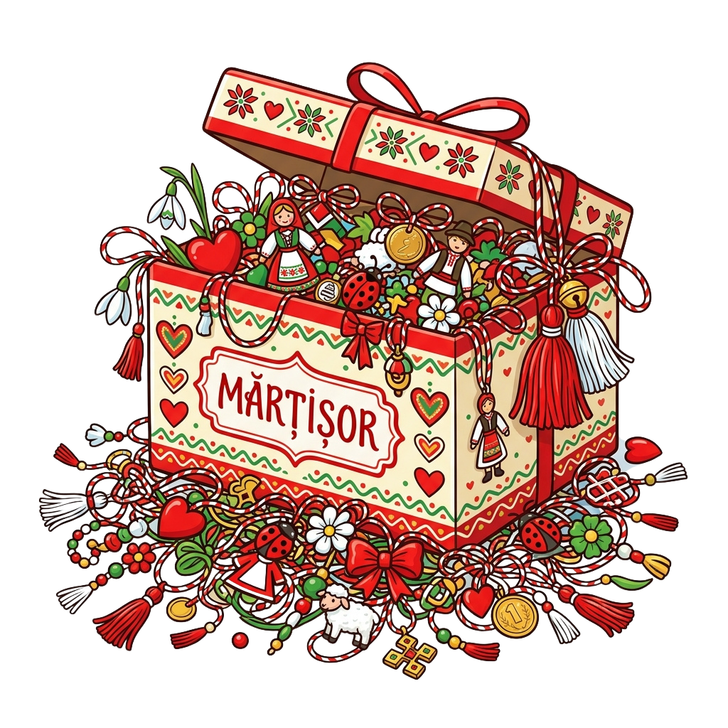 Illustration of a Martisor gift box decorated with traditional Romanian symbols, flowers, and ribbons