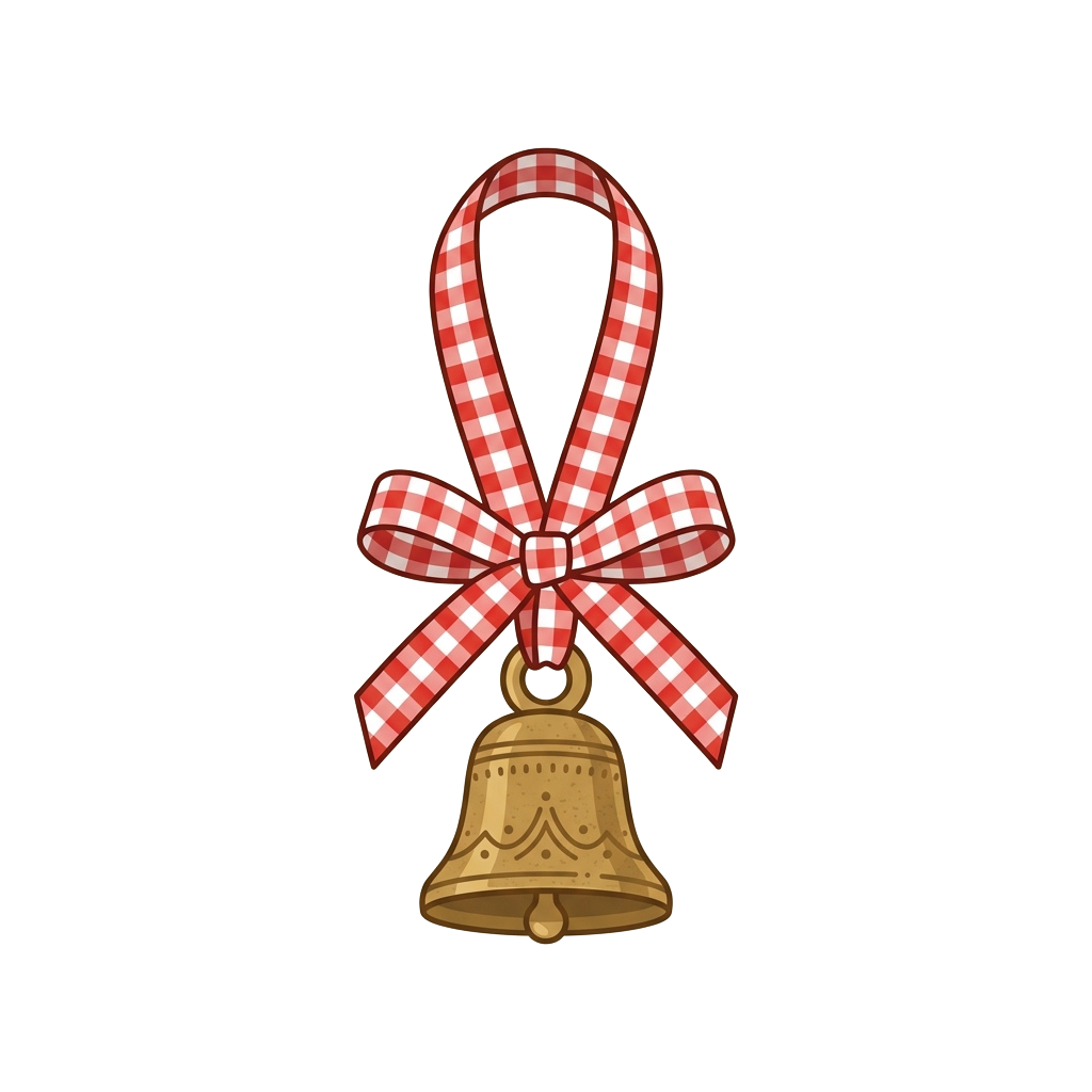 A decorative bell with a red and white checkered ribbon tied in a bow around its clapper.