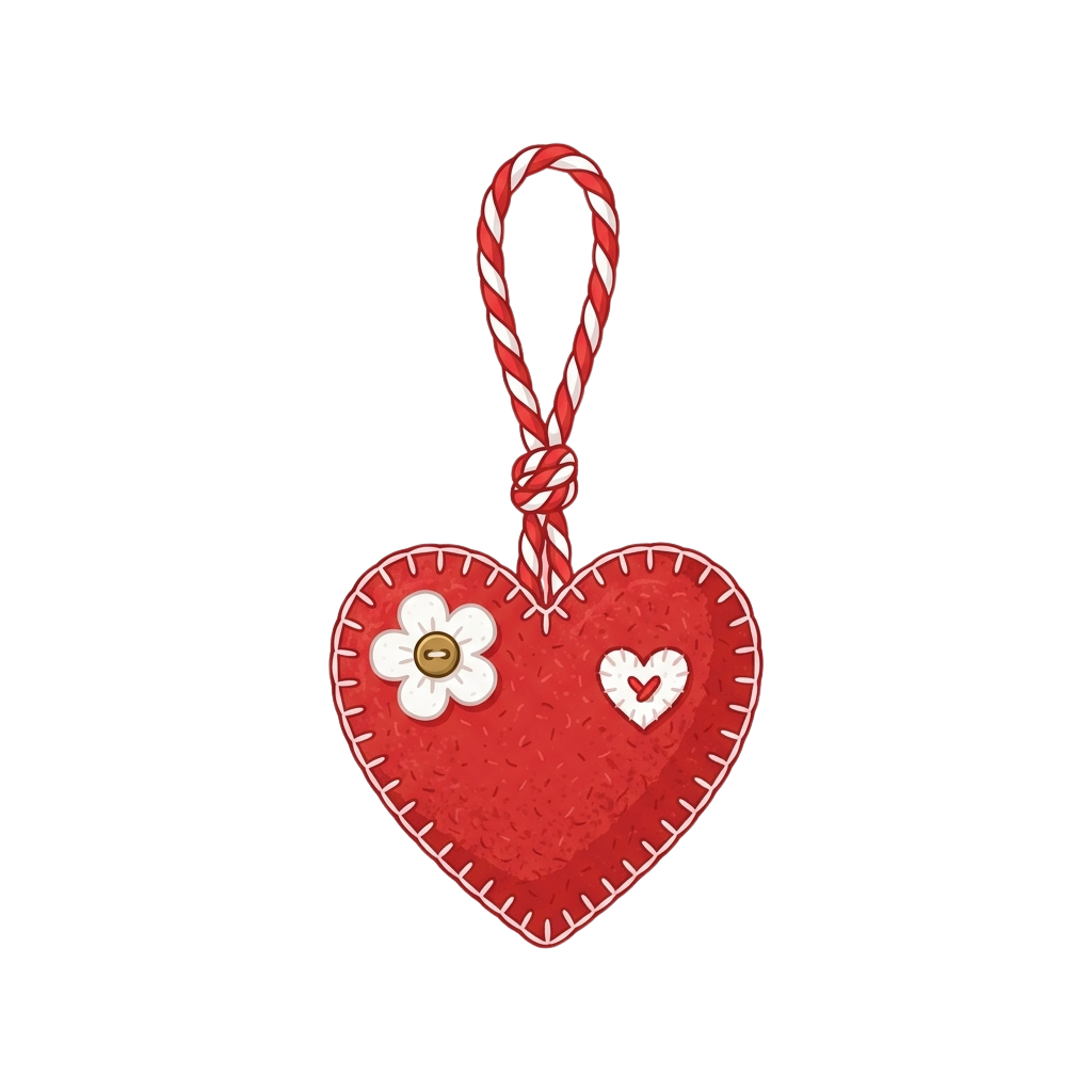 A red heart-shaped keychain with white stitching, a small flower, and a heart button, attached to a candy-striped loop