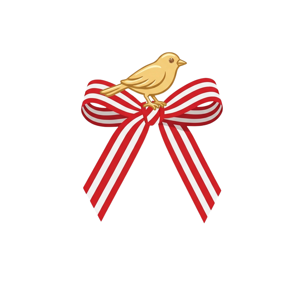 A golden bird sitting atop a large red and white striped gift bow