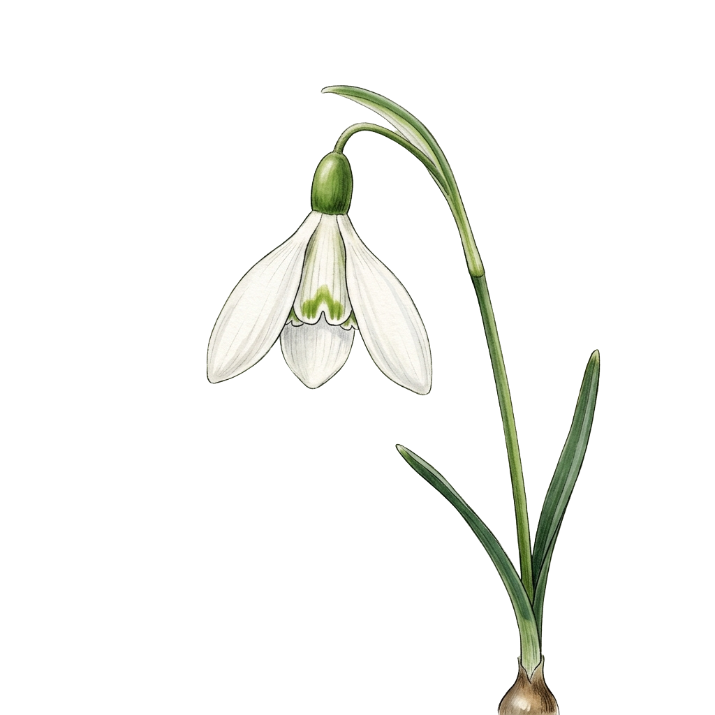 A detailed illustration of a single white snowdrop flower with green stem and leaves on a black background