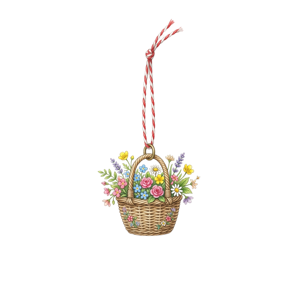 A small woven basket filled with colorful artificial flowers hanging from a pink ribbon against a black background