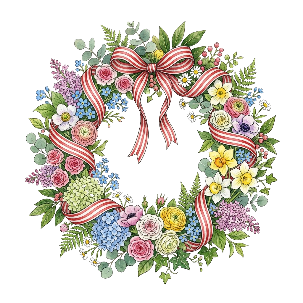 A decorative floral wreath with various flowers and green leaves, featuring a large red and white striped ribbon bow in the center