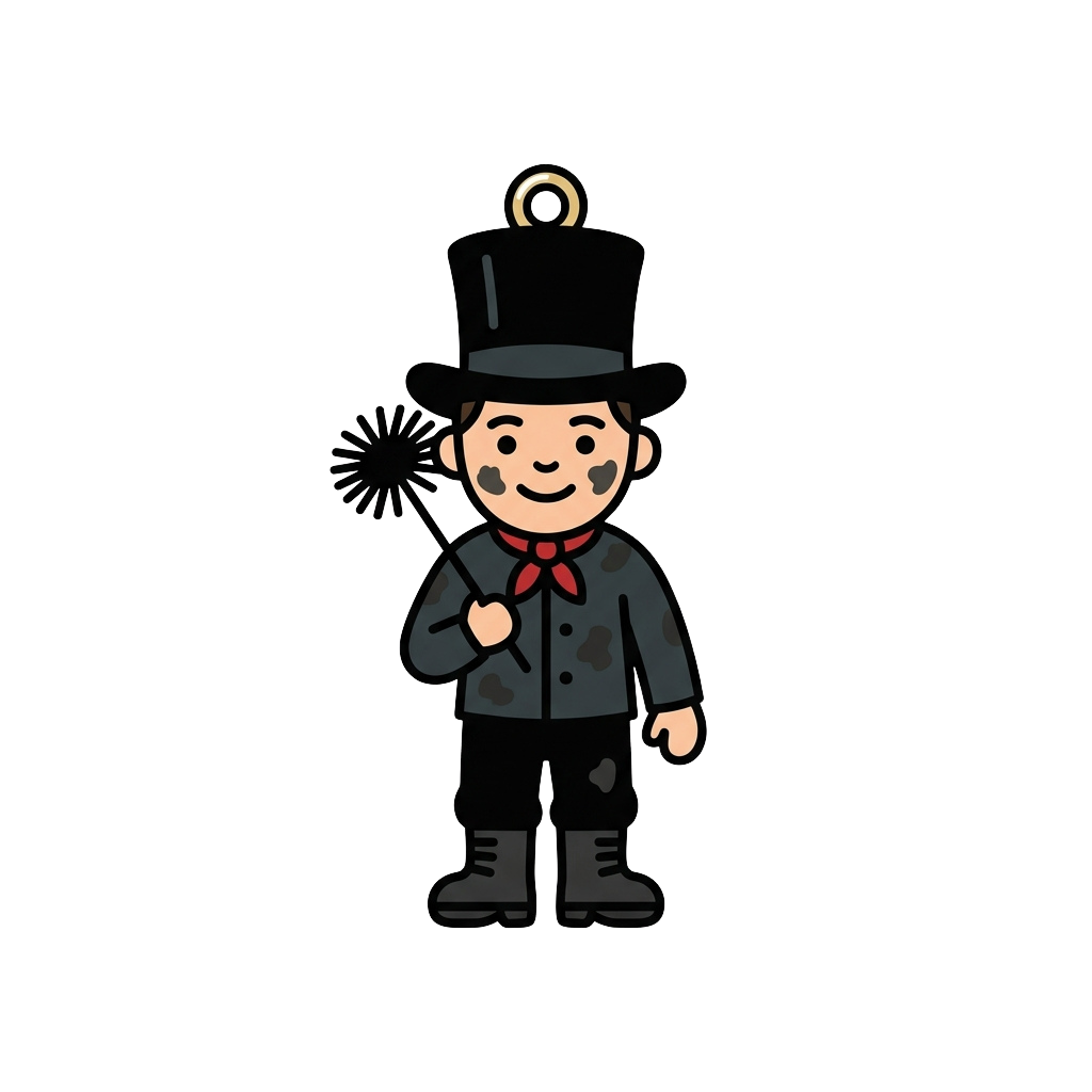 Illustration of a smiling chimney sweep character in a top hat and coat holding a broom