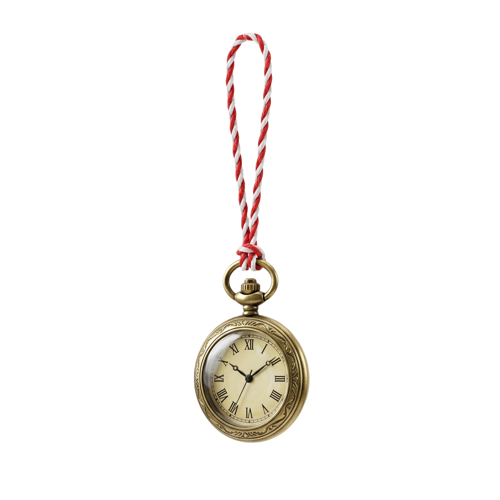 A gold-toned pocket watch with Roman numerals on a white face and a red braided strap hanging against a black background