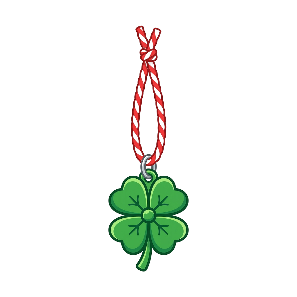 A green four-leaf clover charm attached to a red braided cord necklace