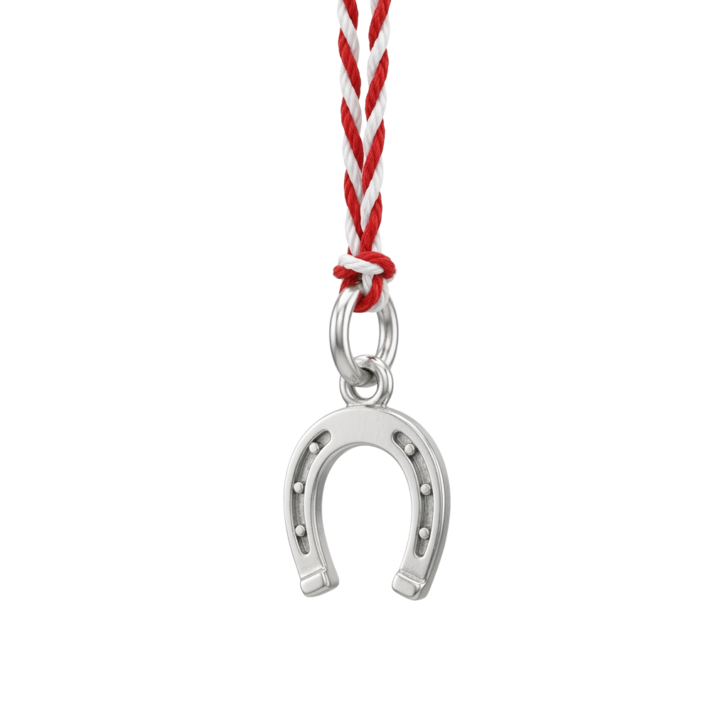 Silver horseshoe charm hanging from a red braided cord