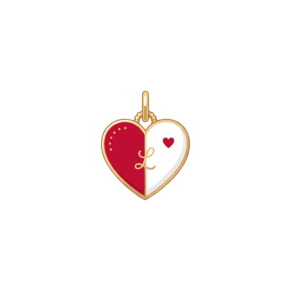 A gold heart-shaped pendant split into two halves, one red with a gold cursive L and polka dots, the other white with a small red heart.