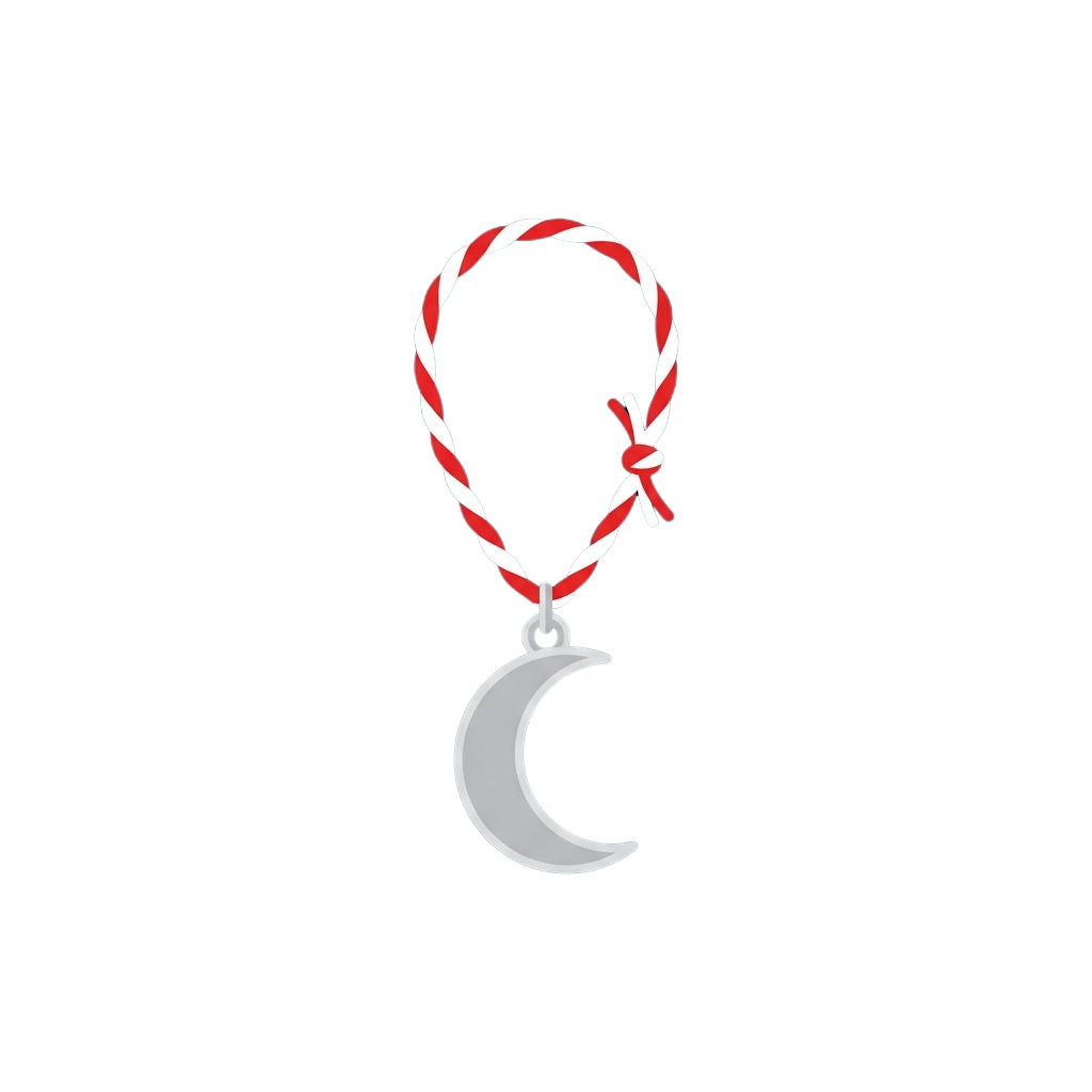 A silver crescent moon pendant hanging from a red and white braided cord necklace