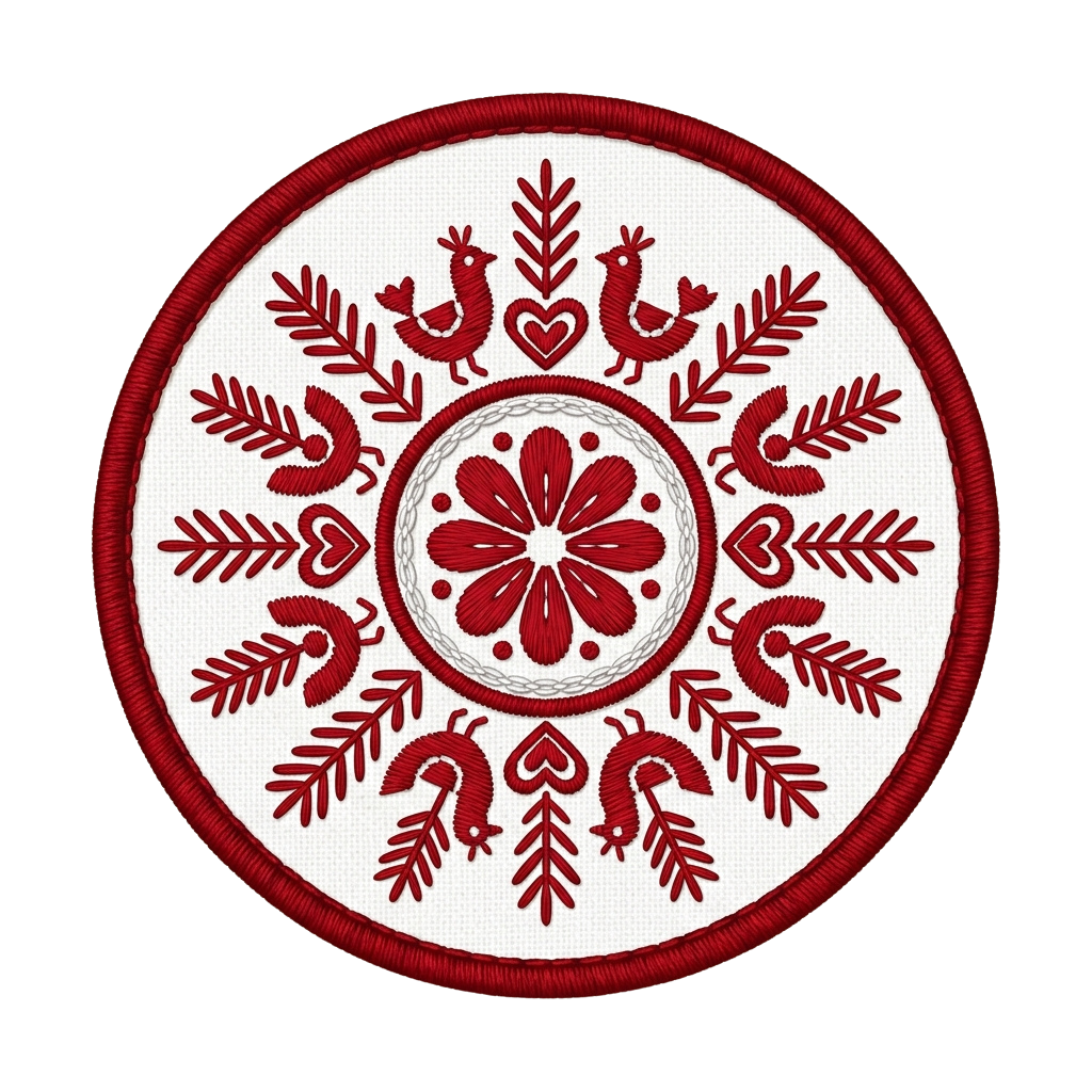 Round embroidered patch featuring red floral and bird designs on a white background with a red border