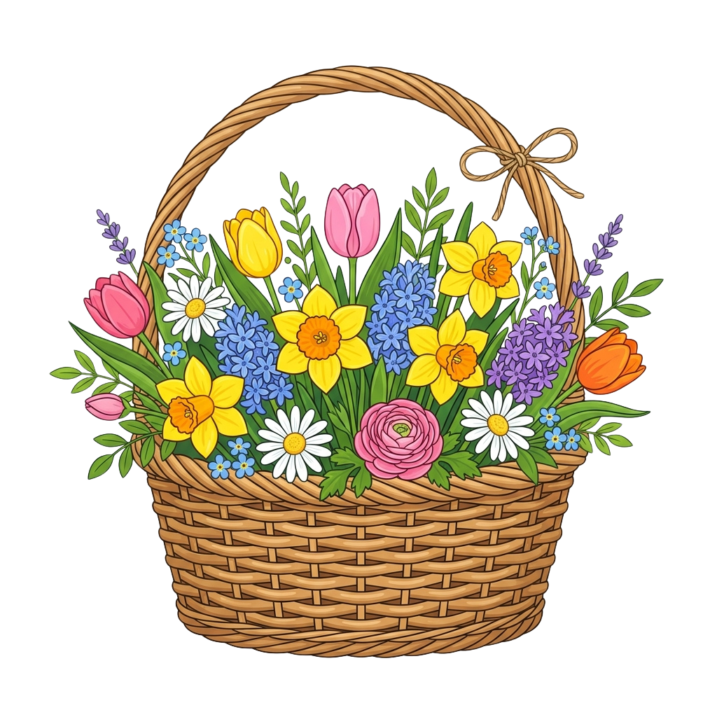 A woven basket filled with a vibrant assortment of flowers including tulips, daisies, and daffodils.