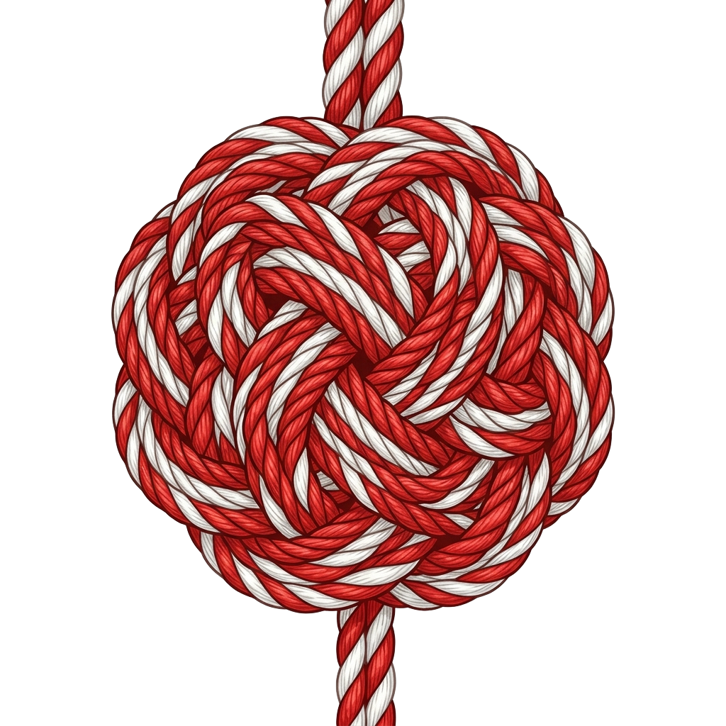 A detailed illustration of a complex red and white rope knot tied tightly together.