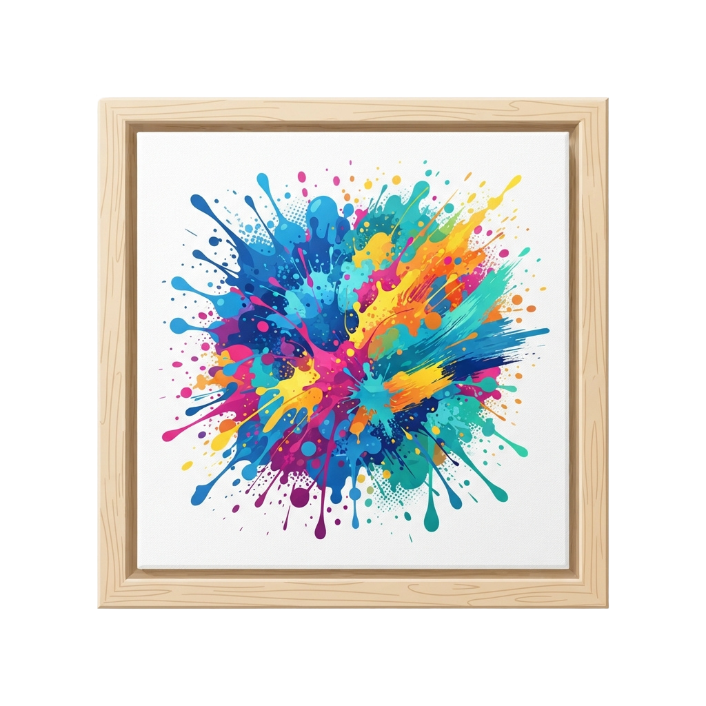Colorful abstract splatter paint design framed in light wood