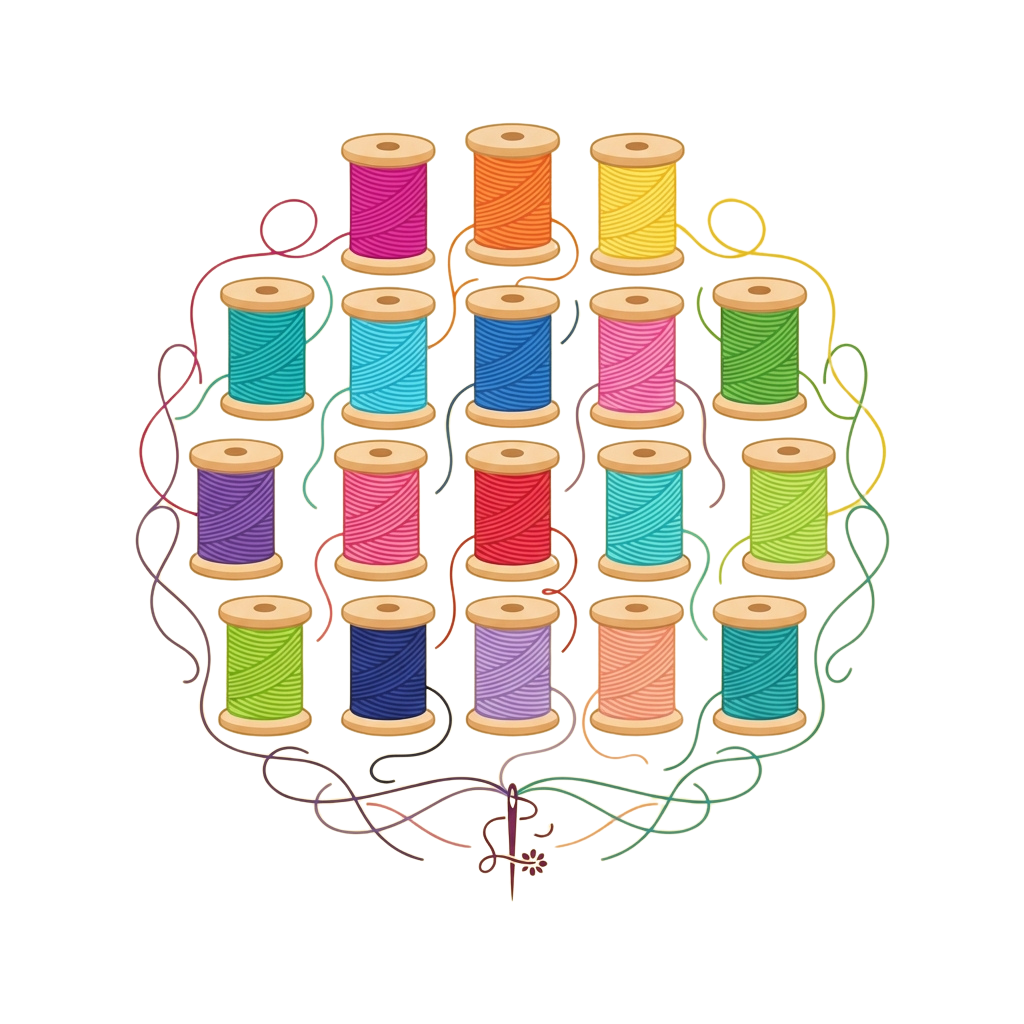 A circular arrangement of 16 spools of multicolored embroidery thread with a needle at the bottom center
