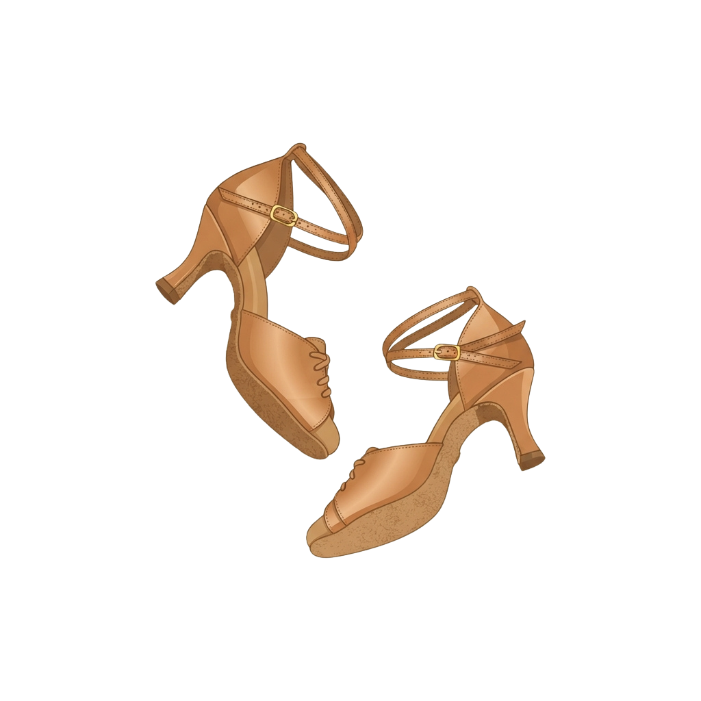 A pair of brown leather dance shoes with ankle straps and low block heels viewed from two angles.